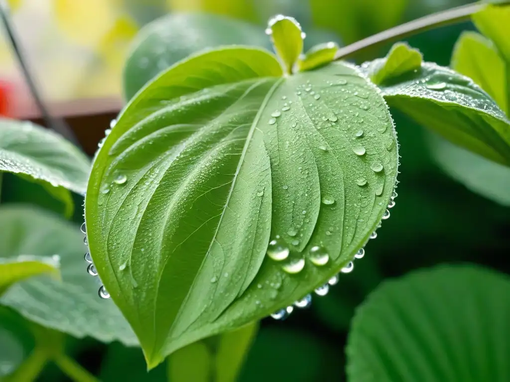 Hermosa hoja de stevia con rocío en jardín soleado