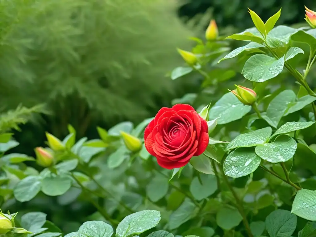 Una hermosa rosa roja floreciendo en un exuberante follaje verde