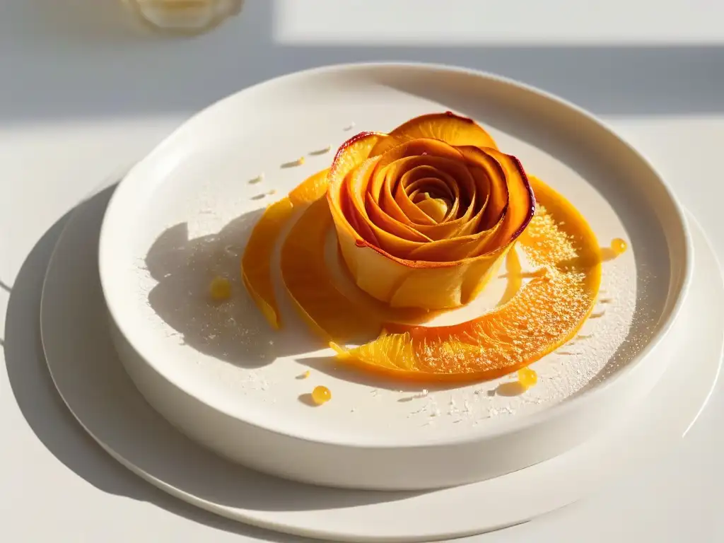 Una hermosa rosa de cáscara de naranja confitada en un plato blanco, resaltando usos sorprendentes de cáscara de naranja