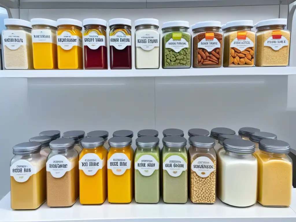 Ingredientes sin gluten: variedad y calidad en la cocina moderna Una hermosa variedad de ingredientes sin gluten para repostería moderna en frascos de vidrio sobre encimera de mármol blanco