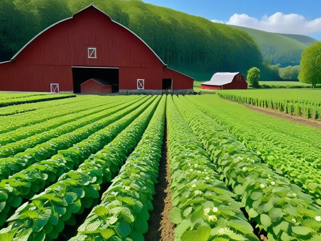 Un hermoso campo orgánico bañado por el sol con cultivos vibrantes y una granja rústica al fondo