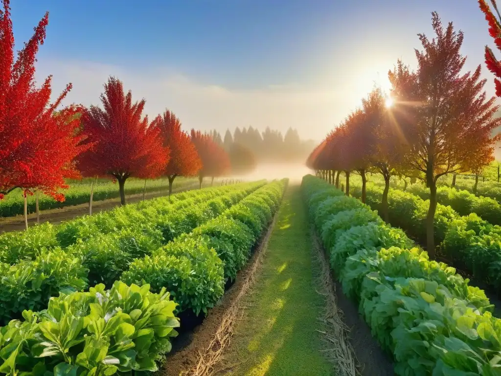 Huerto ético: frutas vibrantes bajo el sol dorado Un hermoso huerto bañado por el sol, donde se cultivan frutas con ética y cuidado