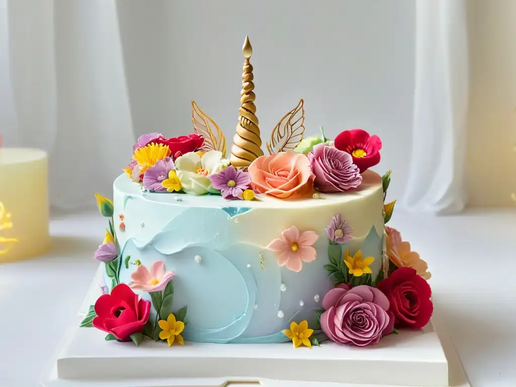 Pastel Unicorn Cake: Detalles Mágicos en 8k Un hermoso pastel de unicornio rodeado de flores comestibles y decoraciones de fondant, perfecto para una fiesta infantil