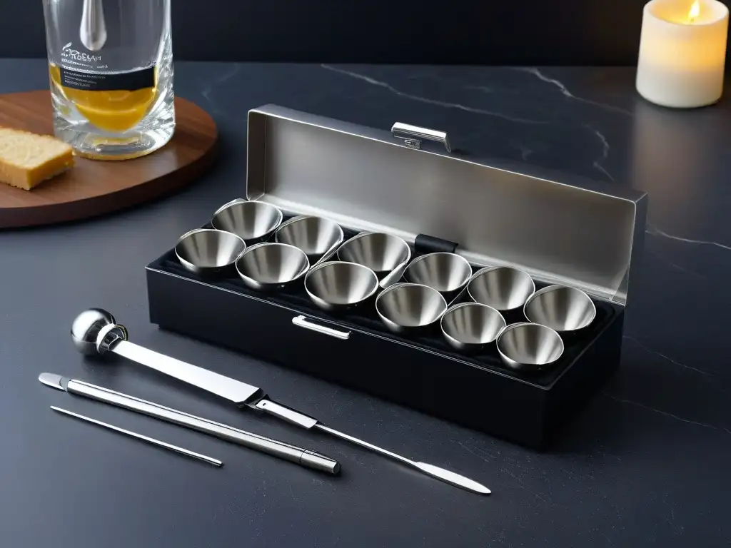 Herramientas de repostería molecular imprescindibles para chefs creativos en elegante kit plateado sobre mármol negro, iluminado suavemente