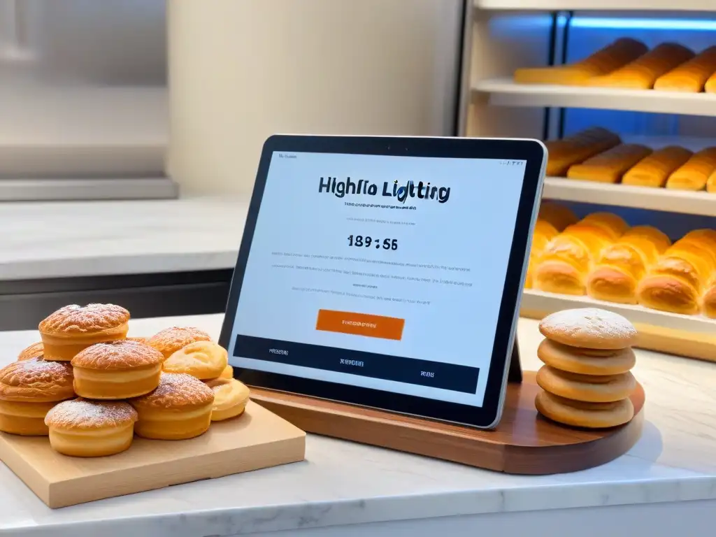 Herramientas tecnológicas de marketing para pastelerías: Tablet en mostrador de mármol con programa de lealtad digital y panadería