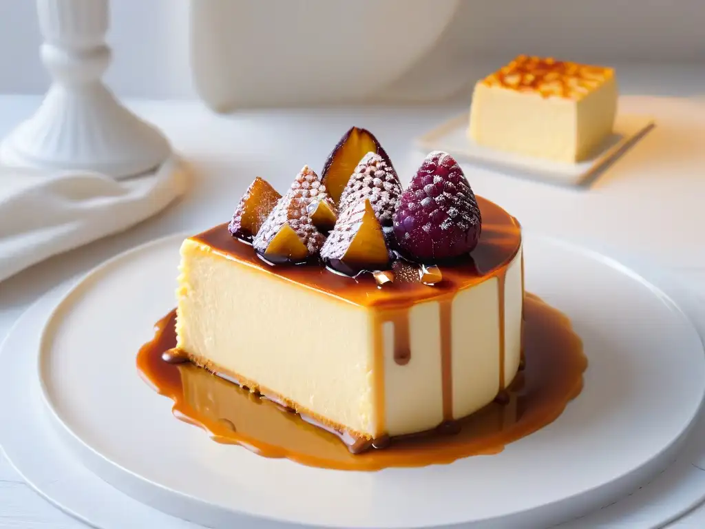 Una historia de culturas a través de un cheesecake con caramelo en una presentación exquisita y elegante