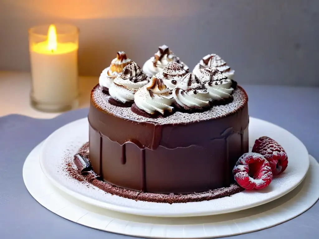 Delicioso pastel de chocolate triple capa con frambuesa y cacao Una historia de evolución en un pastel de chocolate: un exquisito trozo de triple capa con textura aterciopelada, decorado con cacao y una frambuesa