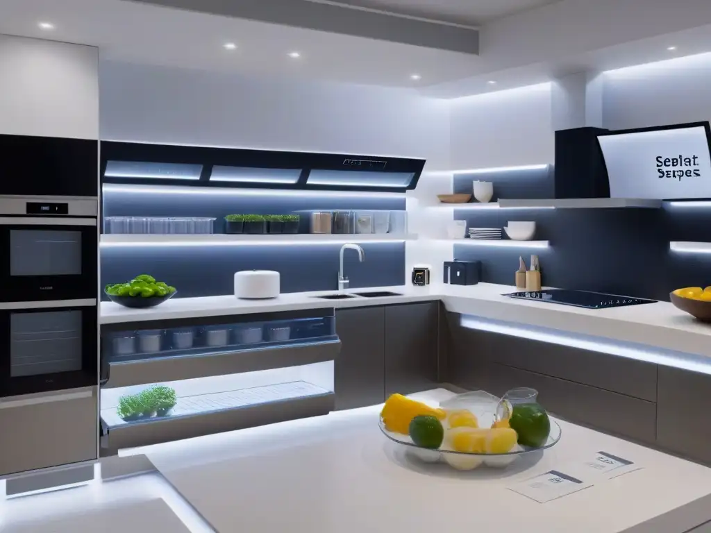 Cocina moderna con realidad aumentada organizada Un hogar organizado en un espacio pequeño: cocina moderna con realidad aumentada mostrando contenedores y etiquetas