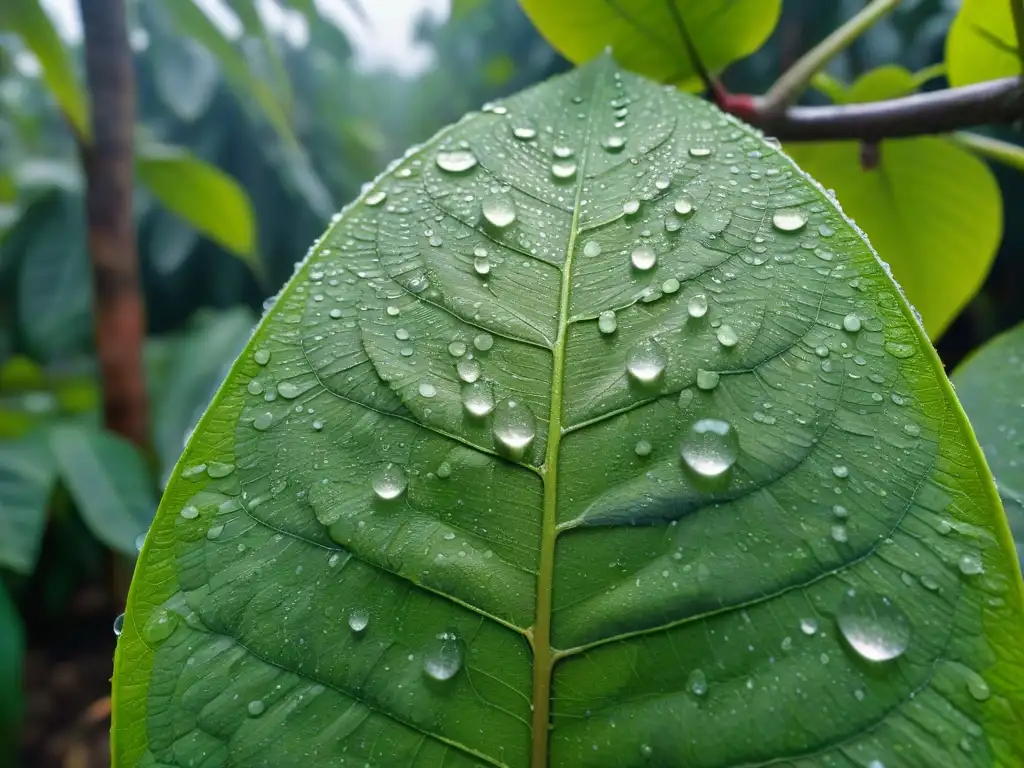 Hojas de cacao brillantes con gotas de rocío en una plantación sostenible