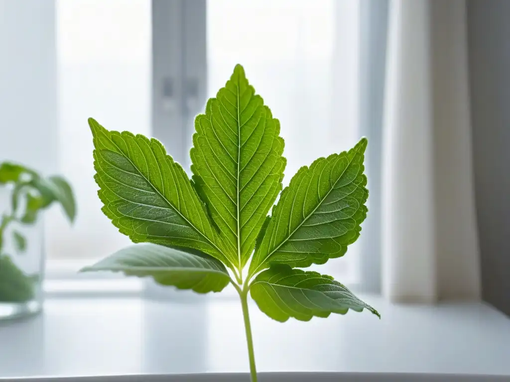 Hojas de stevia detalladas en cocina con luz natural