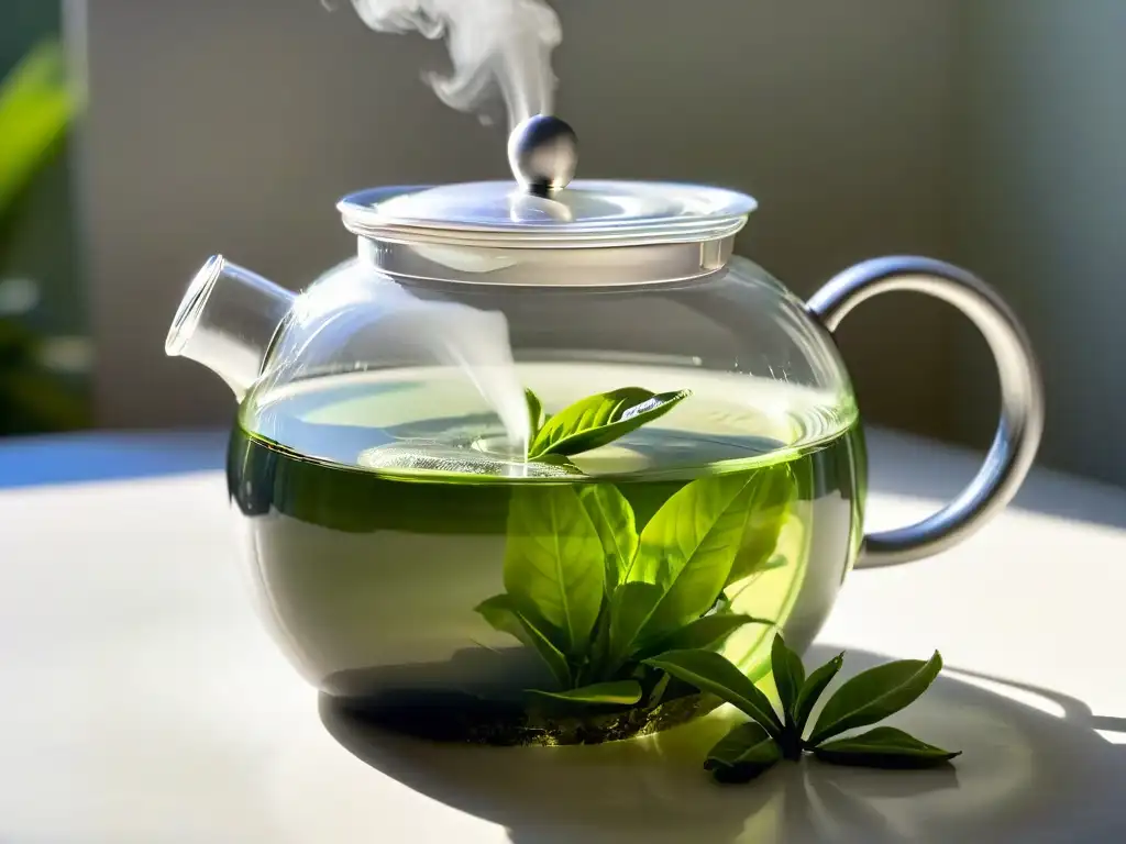 Hojas de té verde en infusión en una tetera de cristal, con vapor sutil