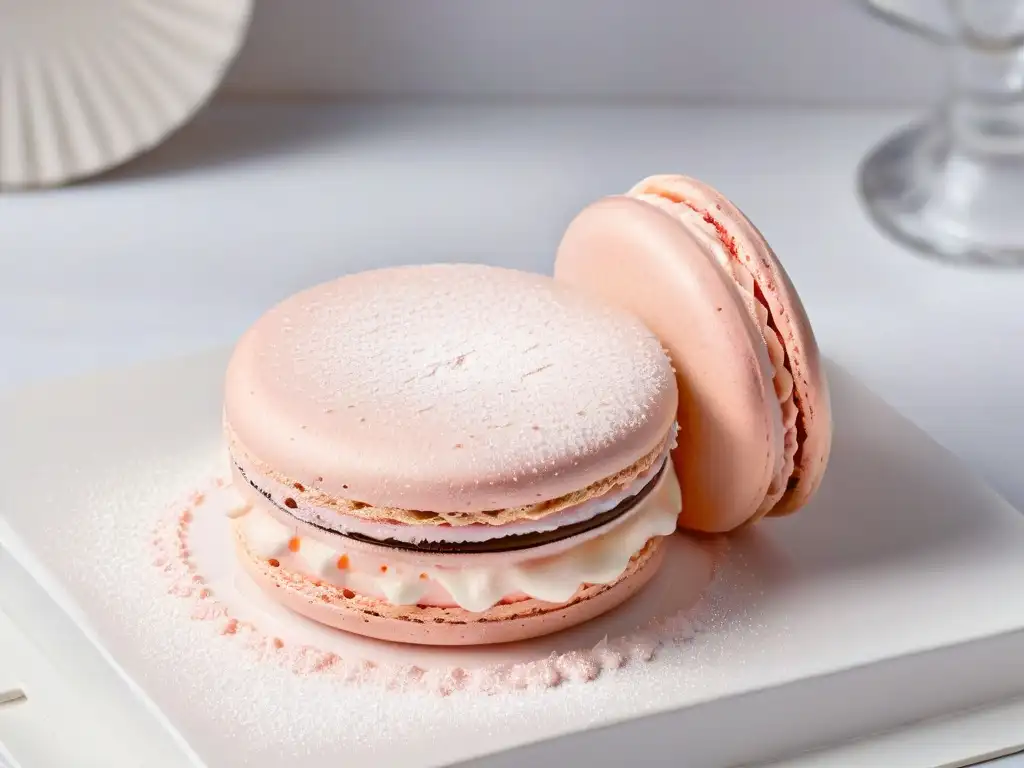 Macaron rosa perfectamente horneado sobre mármol blanco iluminado con luz natural