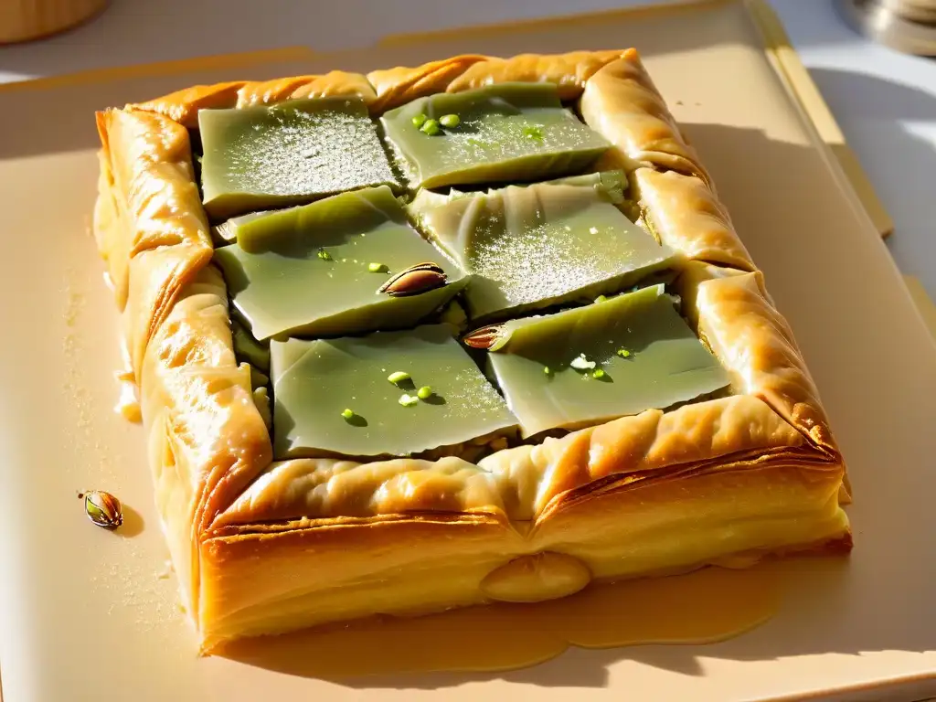 Un baklava recién horneado, con capas de masa filo, pistachos y miel, bajo luz natural