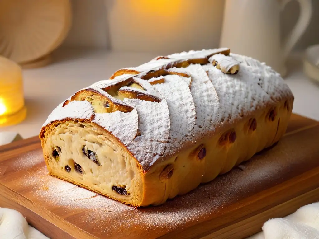 Un Stollen recién horneado con azúcar glass, sobre tabla de madera