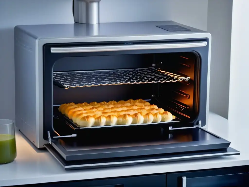 Un horno de convección sofisticado y moderno, con controles digitales avanzados y ajustes innovadores, en un fondo blanco impecable