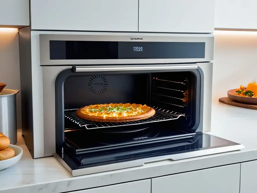 Horno de convección en repostería: Imagen minimalista de un moderno horno rodeado de ingredientes en una cocina impecable