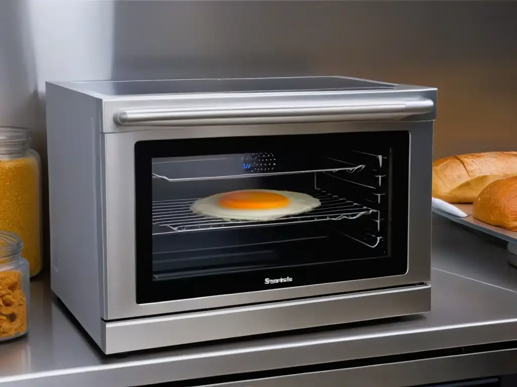 Horno de convección en repostería: Moderno horno en cocina elegante, con luz cálida y ingredientes de repostería