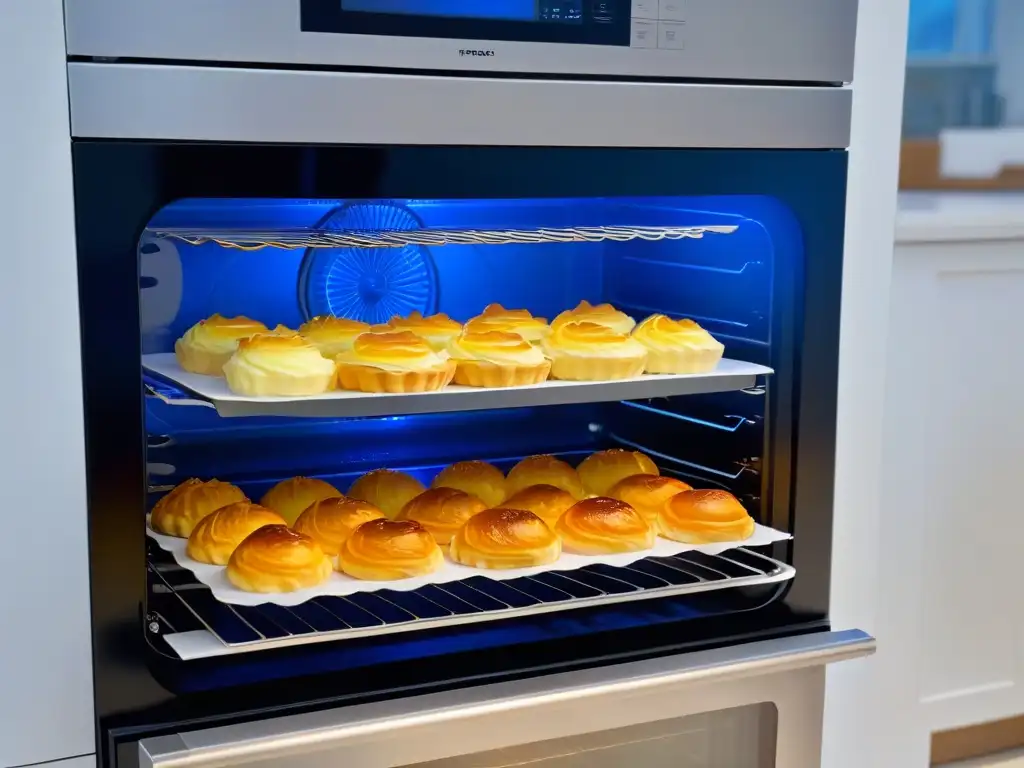 Hornos de convección en repostería: Elegante horno horneando pasteles dorados en una cocina minimalista y luminosa