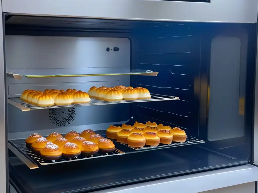 Hornos de convección en repostería: Imagen minimalista de un horno con pastelería dorada horneándose, creando una escena de anticipación culinaria