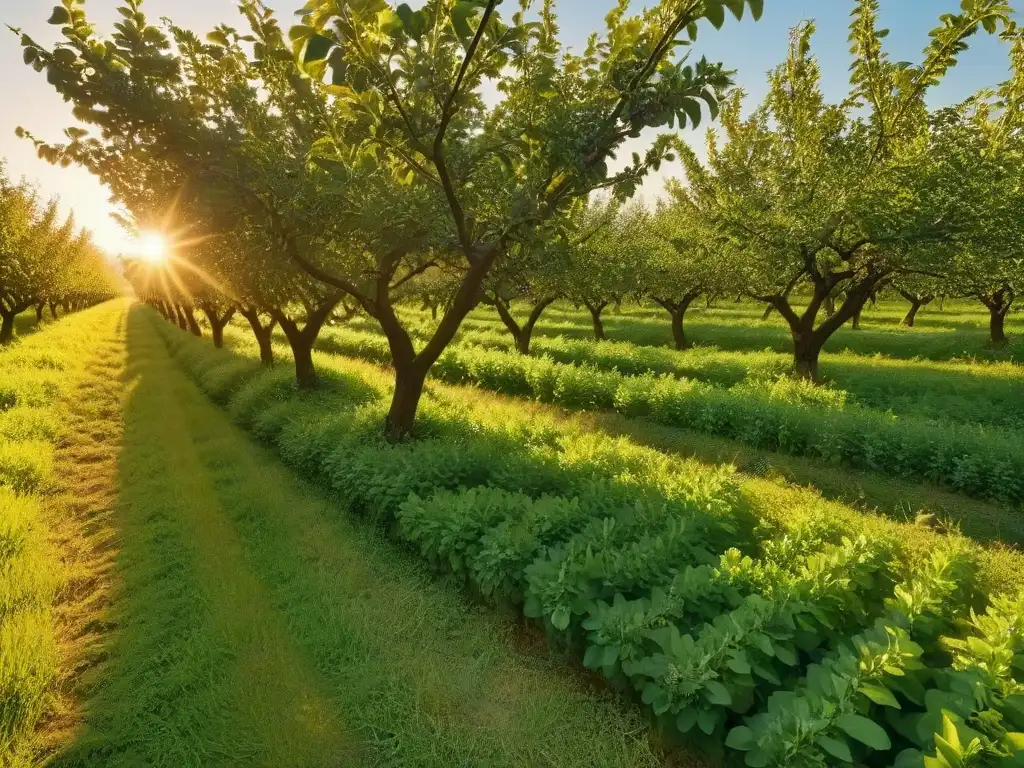 Un huerto de manzanas al atardecer, bañado en luz dorada, listo para hacer compota sin azúcar