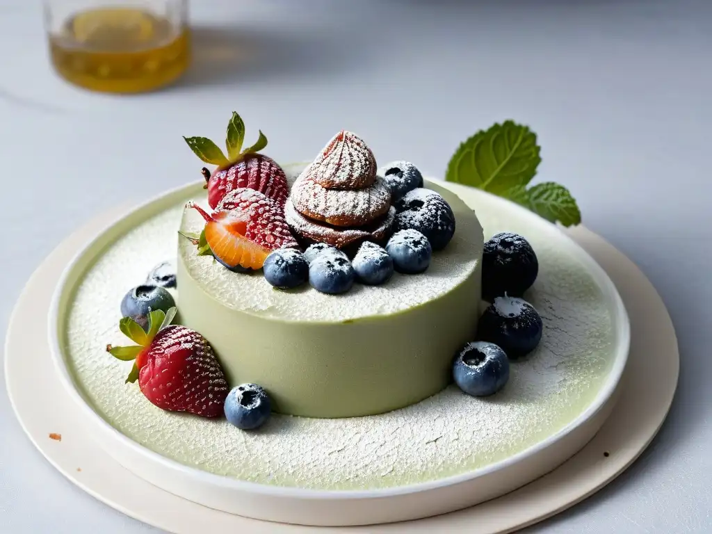 Ideas creativas decoración postres keto: Exquisito postre keto con bayas frescas, azúcar sustituto y hoja de menta en elegante plato minimalista