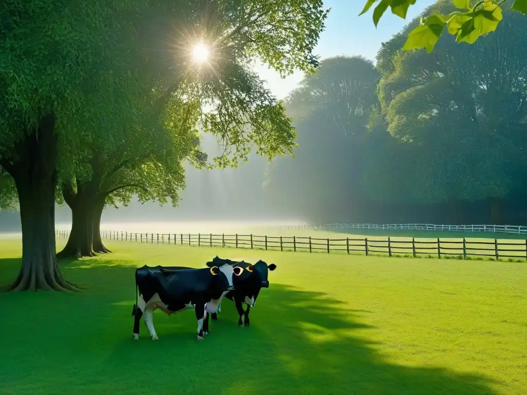 Idílico paisaje rural con vacas pastando bajo el cielo azul, transmitiendo calma y los beneficios de consumir lácteos locales