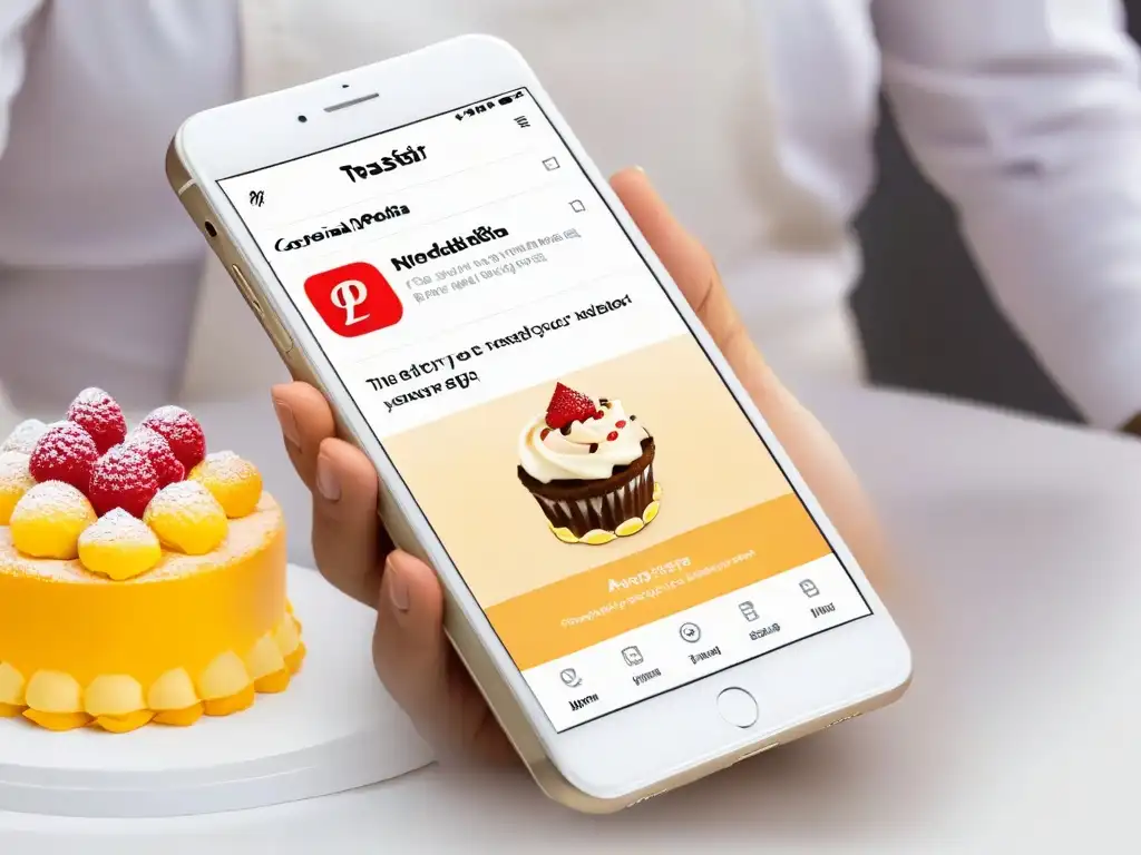 Una ilustración digital detallada de una aplicación para pasteleros con colores pastel vibrantes y funciones intuitivas