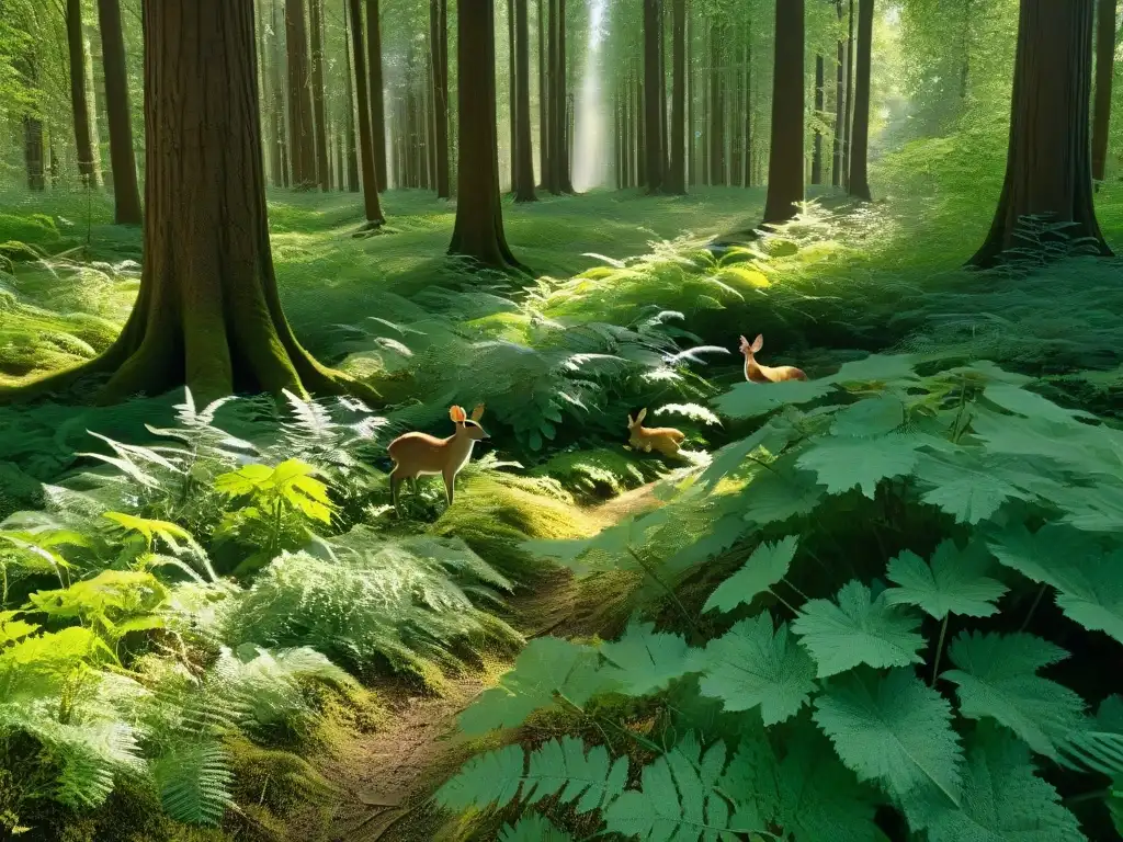 Escena mágica del bosque con animales encantadores Una ilustración digital detallada de un bosque encantado con animales juguetones entre árboles altos y vegetación exuberante