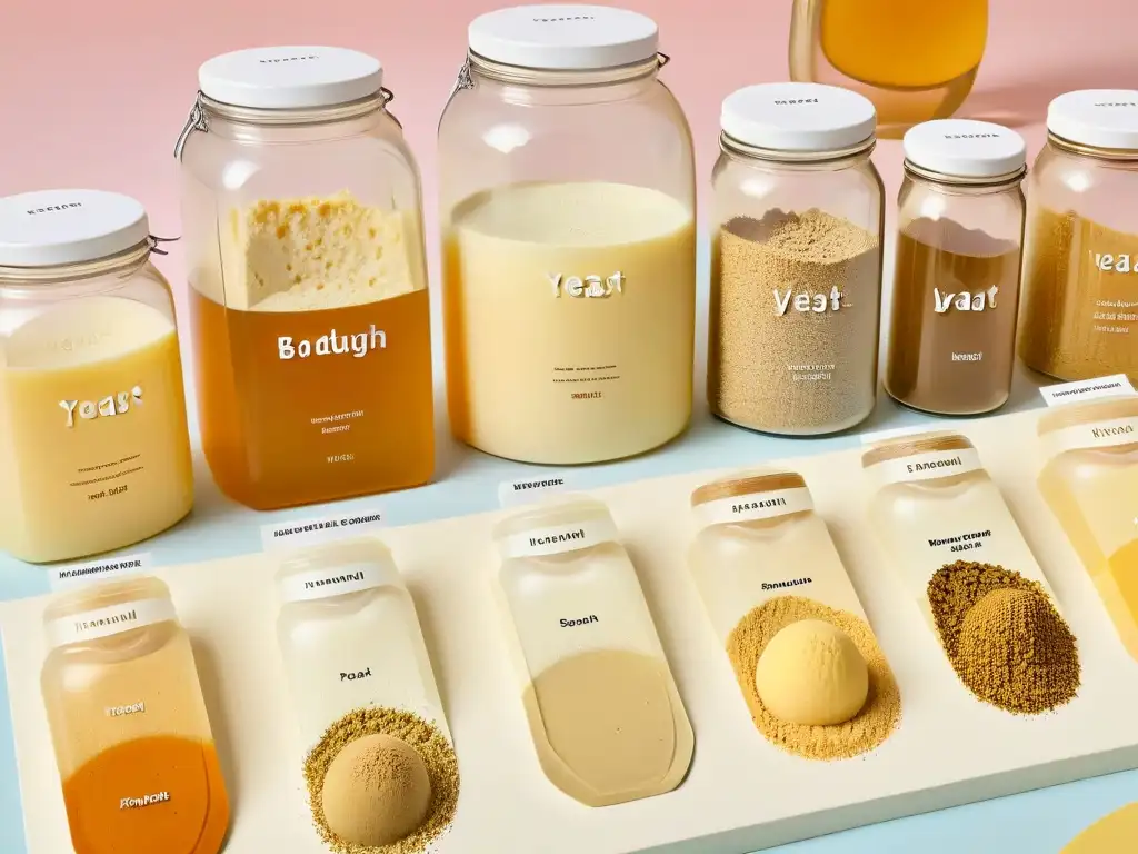Variados fermentos veganos: ilustración elegante y detallada Una ilustración minimalista y elegante de levaduras naturales para repostería vegana con texturas y formas variadas, sobre un suave fondo pastel