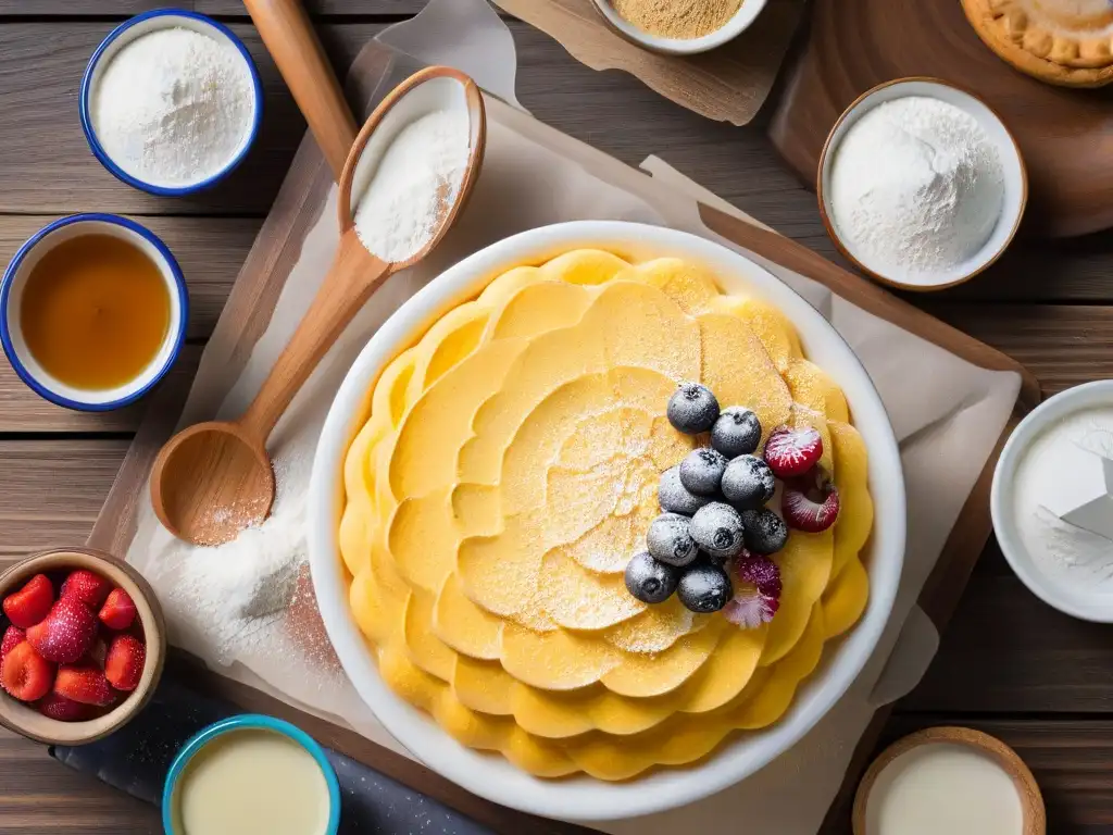 Una ilustración minimalista de ingredientes de repostería coloridos en una mesa de madera, ideal para libros de repostería para niños