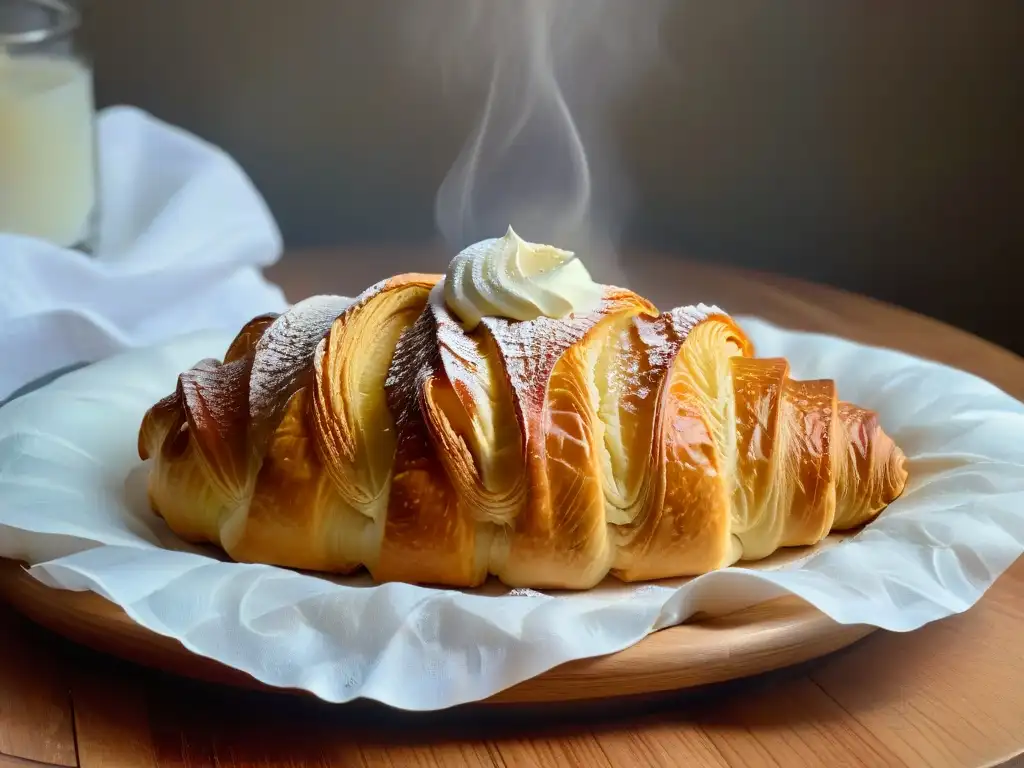 Imagen detallada de un croissant dorado y escamoso con vapor, en una mesa rústica