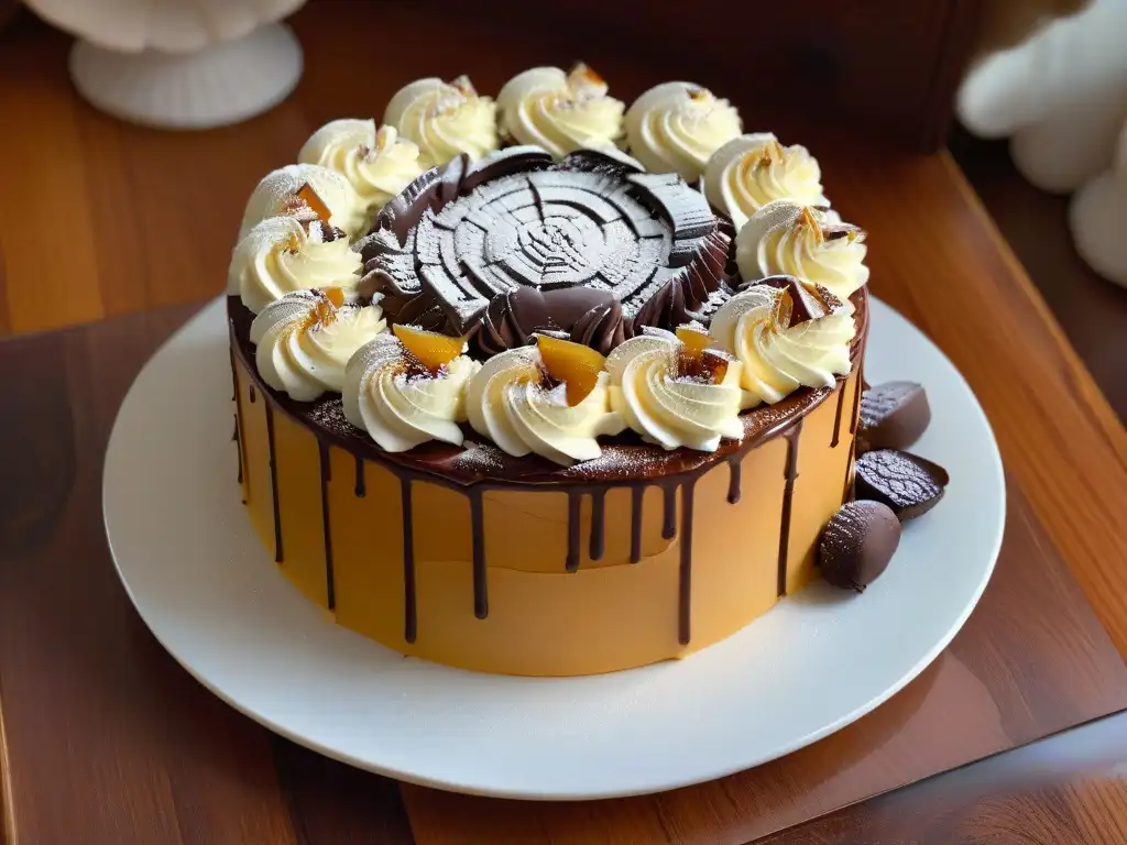 Imagen detallada de un delicado Esterházy torte en plato blanco, rodeado de almendras, en ambiente cálido de café histórico