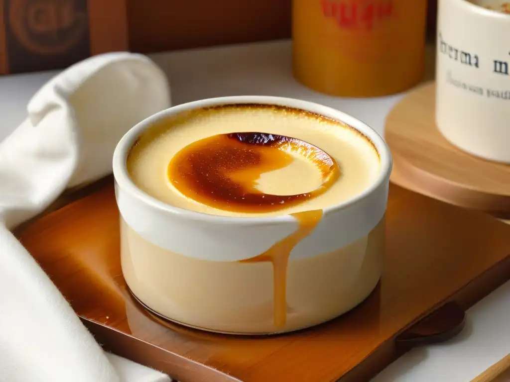 Deléitate con la imagen detallada de una exquisita Crema Catalana, receta original crema catalana, con su toque dorado y crujiente irresistible