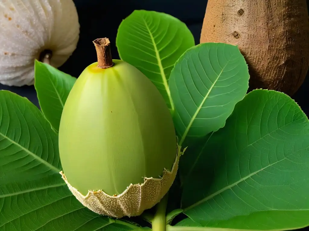 Una imagen detallada de una fruta baobab madura, con su pulpa blanca y texturas visibles, resaltando la belleza exótica de África