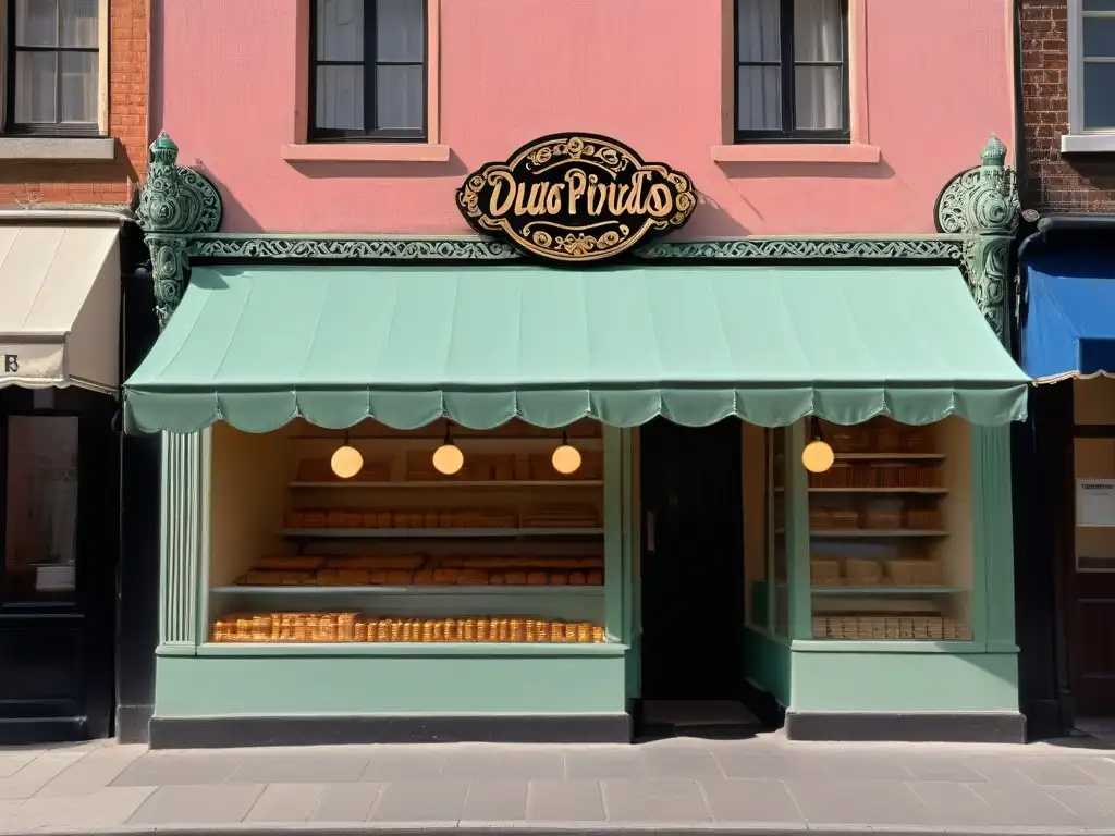 Una imagen detallada de una panadería vintage de los años 1920, con letreros elegantes de 'Dulces Prohibidos' y 'Postres Secretos', rodeada de lámparas de gas y un acceso secreto a un speakeasy detrás de una cortina brillante