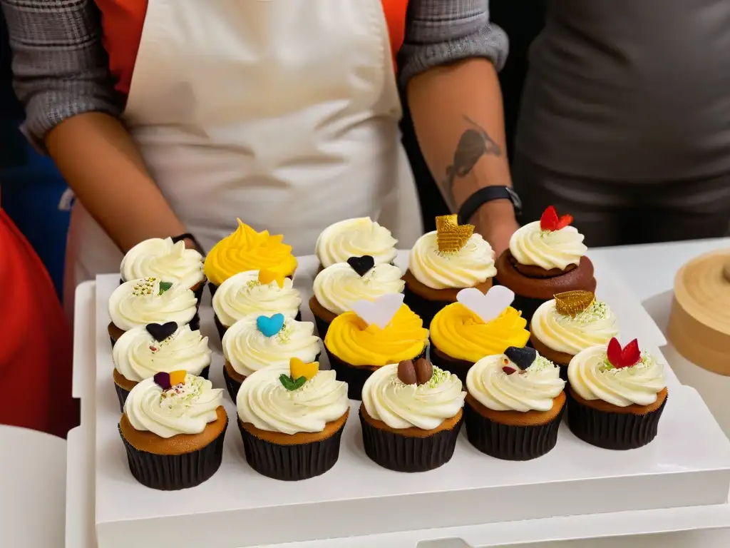 Una imagen detallada de personas decorando cupcakes en un concurso de repostería inclusivo