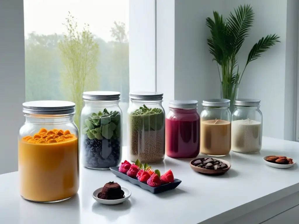 Encantadora cocina vegana con ingredientes libres de lácteos Una imagen de una elegante cocina moderna con ingredientes sin lácteos en frascos y bowls, iluminada por luz natural