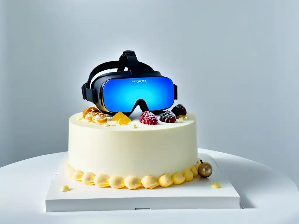 Una imagen futurista de auriculares de realidad virtual rodeados de postres en un espacio digital