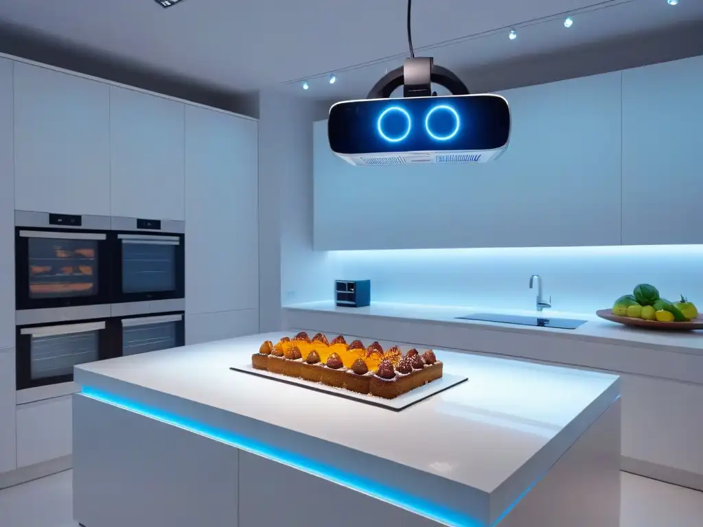 Imagen futurista de cocina con recetas de repostería en holograma