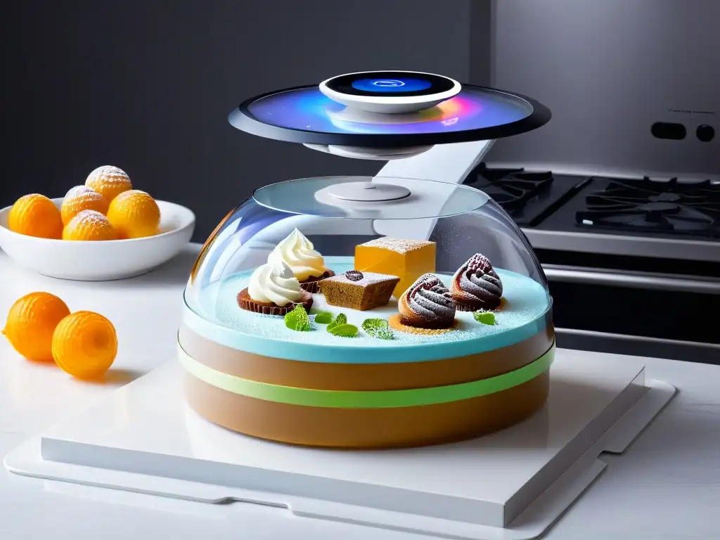 Una imagen futurista de una educación culinaria en repostería con Realidad Aumentada, recetas en hologramas detallados