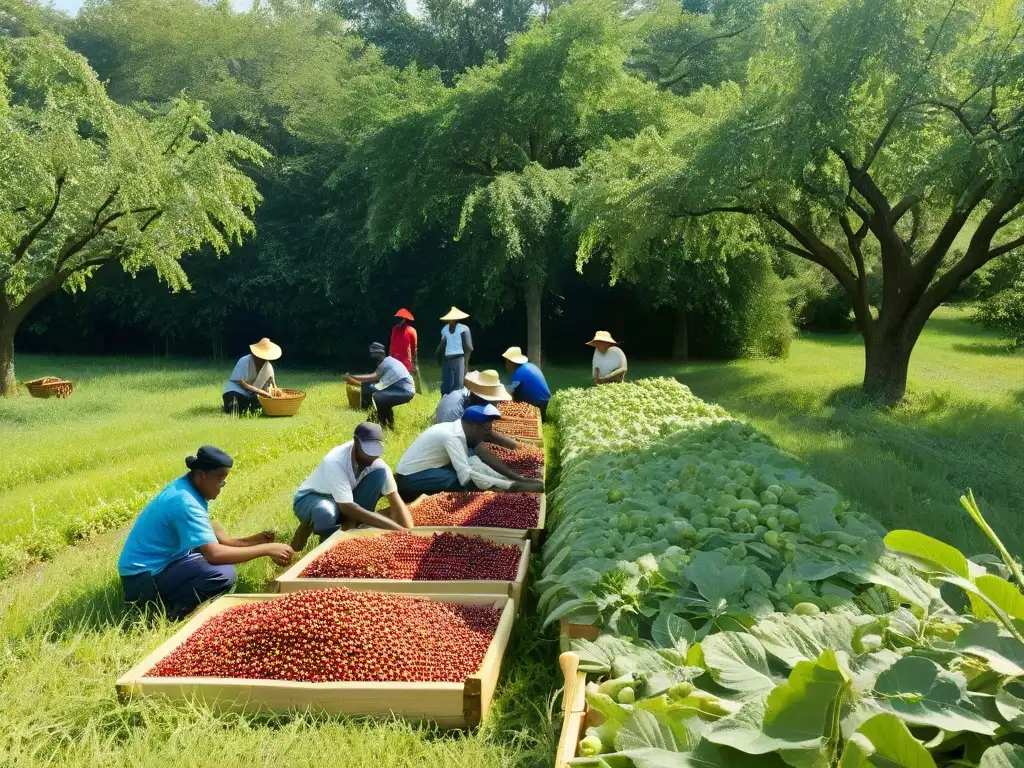 Colectividad agrícola: diversidad en la cosecha sostenible Una imagen impactante de agricultores diversos trabajando en armonía en un huerto frondoso, simbolizando el impacto de la elección de frutos secos en la comunidad