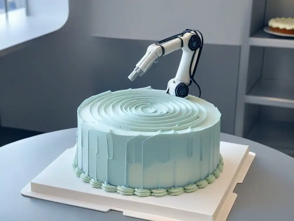 Una imagen impactante de robótica en repostería para negocios, con un brazo robótico decorando elegantemente un pastel