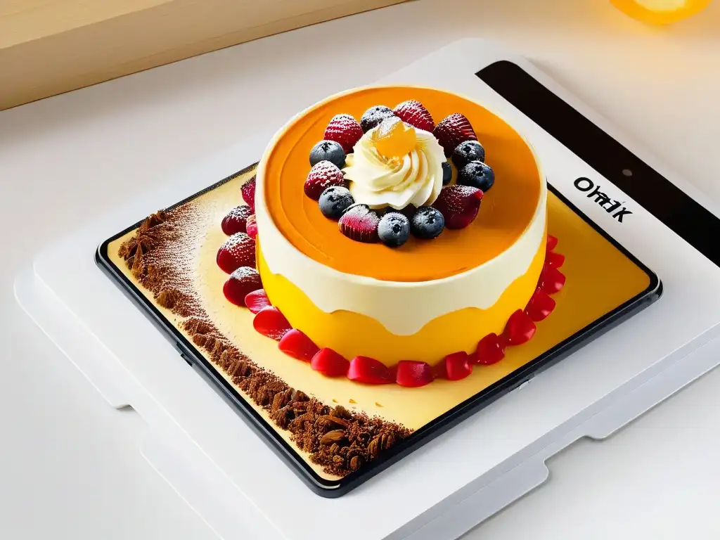 Imagen de un smartphone moderno mostrando un diseño de postre detallado y colorido, ideal para aplicaciones diseño postres divertidas
