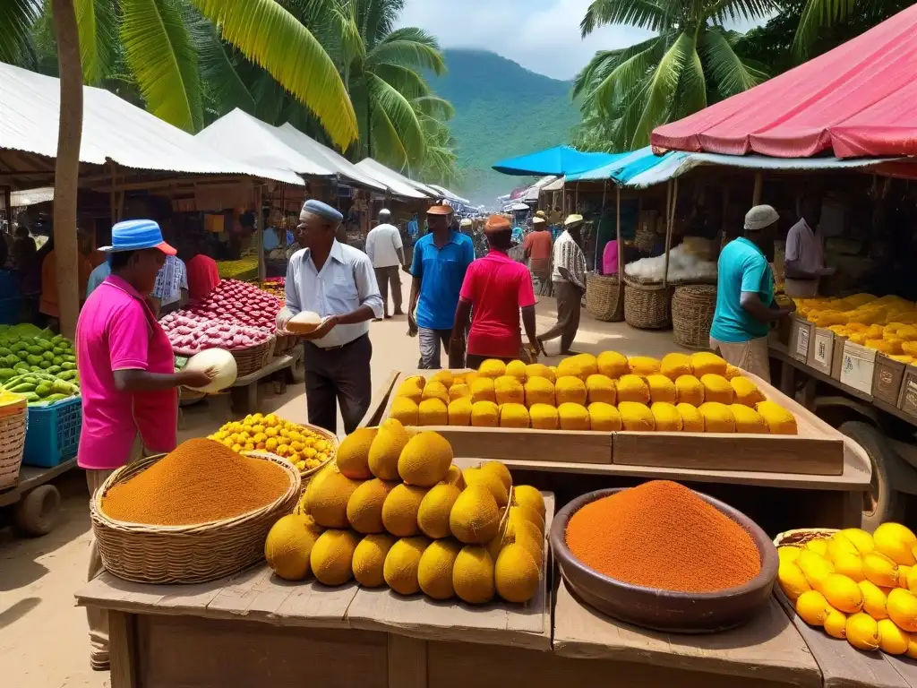 Imagen vibrante de un mercado local en un entorno tropical, destacando productos de azúcar de coco orgánico