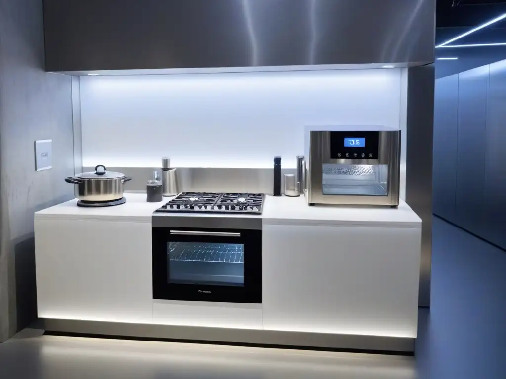 Un impactante espacio de cocina moderna con tecnología de vanguardia, fusionando la repostería y la revolución tecnológica