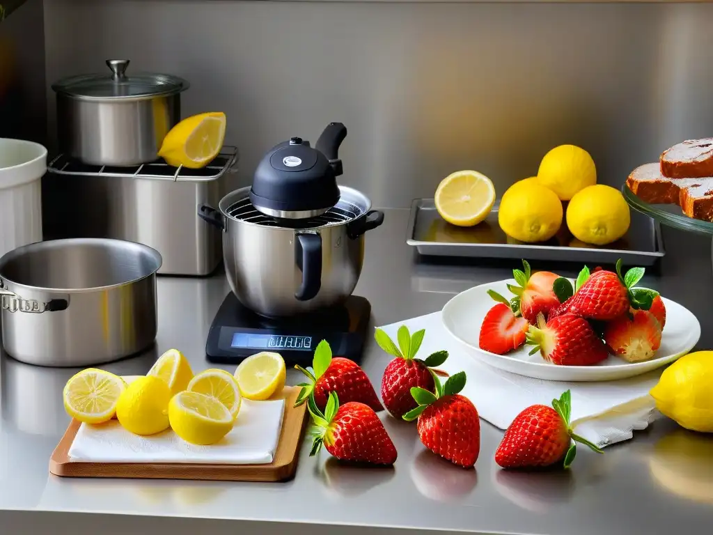 Impecable cocina organizada para concurso de repostería, con utensilios ordenados y toque de color vibrante