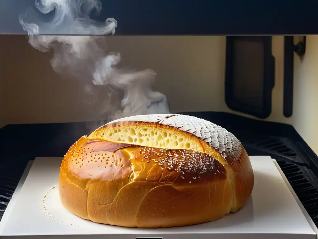 Imponente pan dorado saliendo del horno, con vapor y corteza perfectamente craquelada