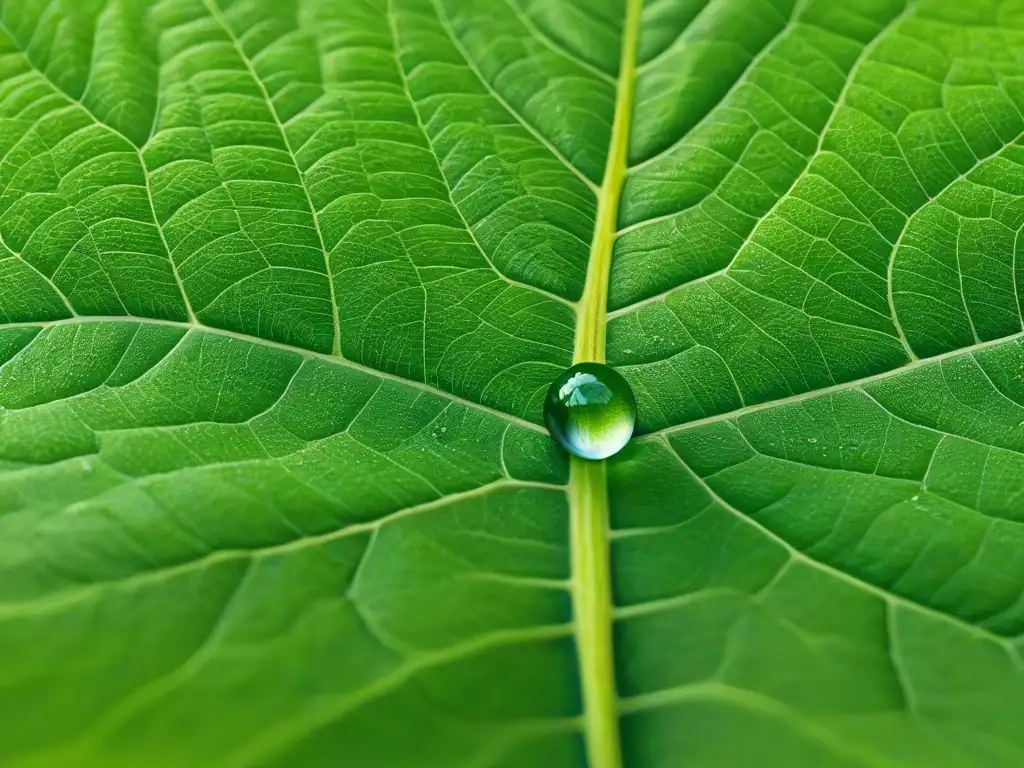 La importancia del agua en repostería: Una gota de agua sobre una hoja verde vibrante, detallada y delicada