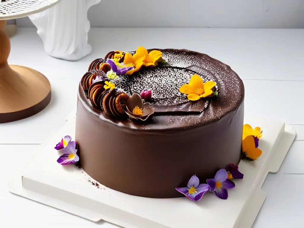 Pastel de chocolate orgánico con cacao ético y flores comestibles Importancia certificaciones orgánicas repostería: Detalle exquisito pastel de chocolate con decoración orgánica y flores comestibles