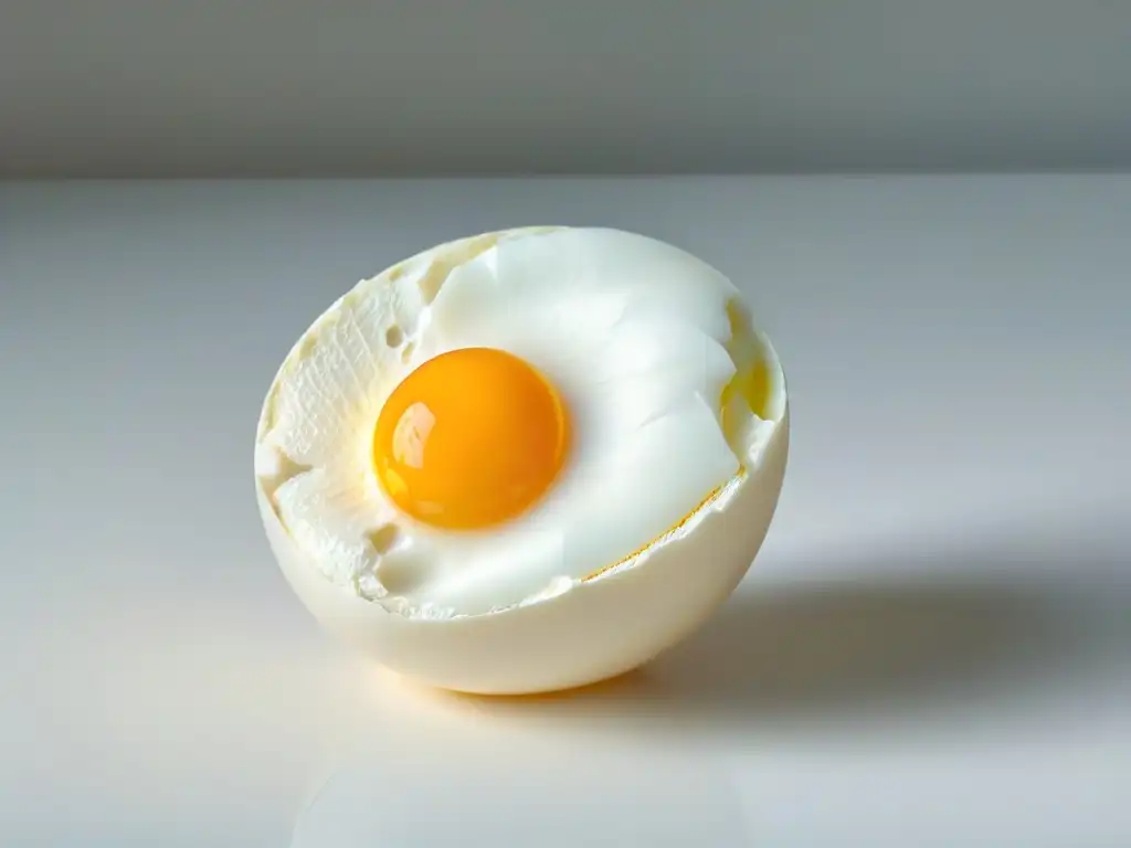 La importancia de los huevos en repostería: detallada imagen de un huevo abierto, con su cascara, clara y yema en primer plano sobre fondo blanco